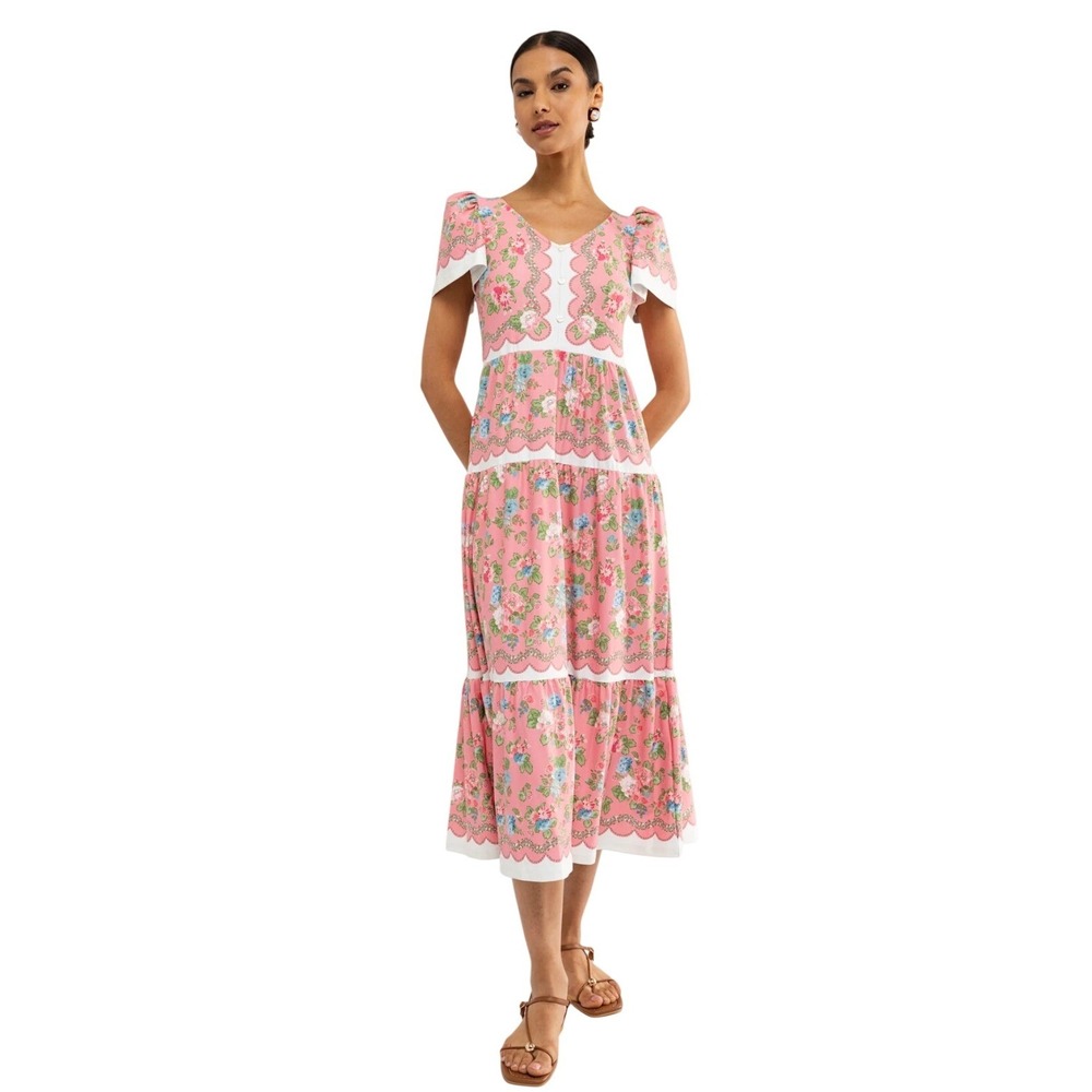 Smith & Quinn Agatha Dress Cottage Rose Pink Floral Tiered Maxi UPF 40 Size S